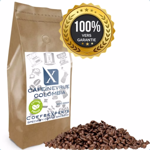 Cafeinevrije Colombia FP seal en bonen